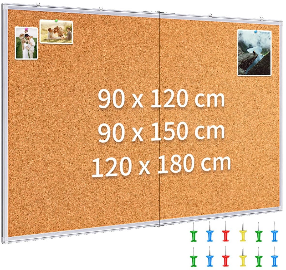 Famanu – Groot kurkbord met 12 punaises, prikbord voor muur, 150 x 90 cm, ideaal voor thuis, keuken, slaapkamer, kantoor en school