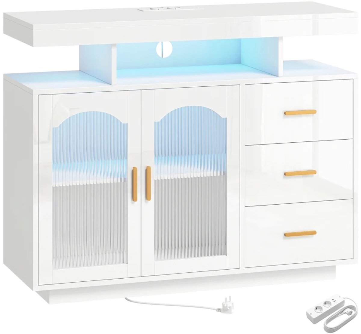 Dressoir - Met LED-verlichting, Ingebouwde Stopcontacten, 3 Laden, Planken En 2 Acryldeuren - Hoogglans Wit