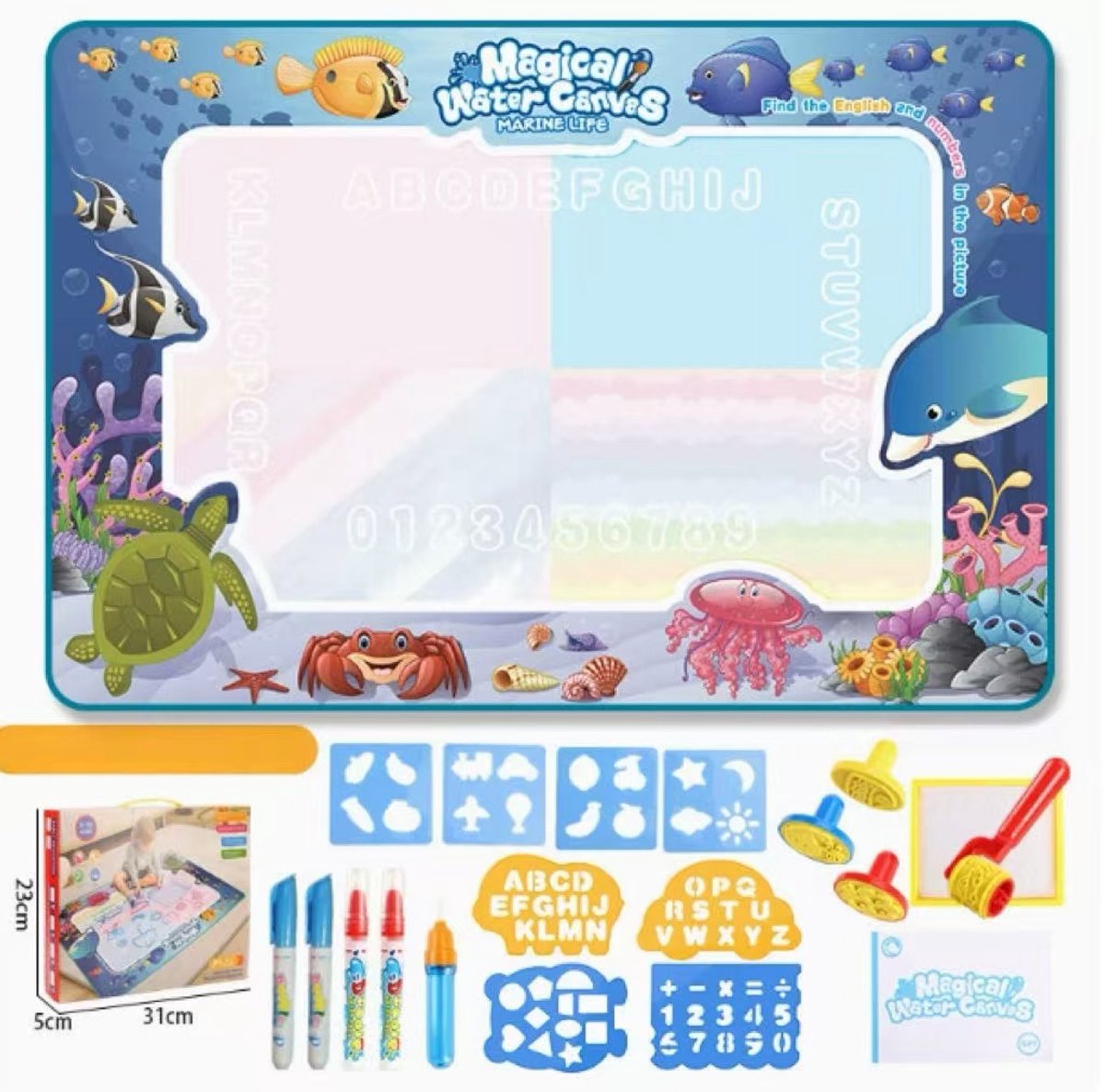VONKELIOS®Magisch aquarel tekenblok, herbruikbaar watertekenbord inclusief 5 penselen, Montessori educatief speelgoed