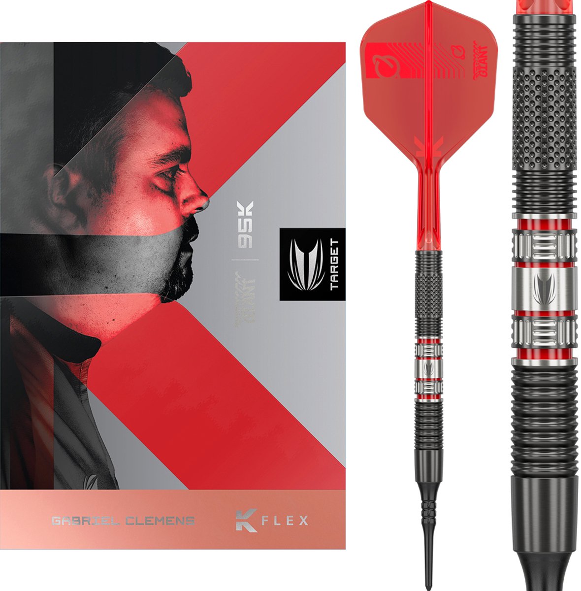 Target Darts Gabriel Clemens 95K Soft Tip Dartpijlen Set - 95% Wolfraam - Zwarte Pixel Softtips - Swiss Point Conversie - K-Flex Geïntegreerde Flights en Shafts - 19 Gram