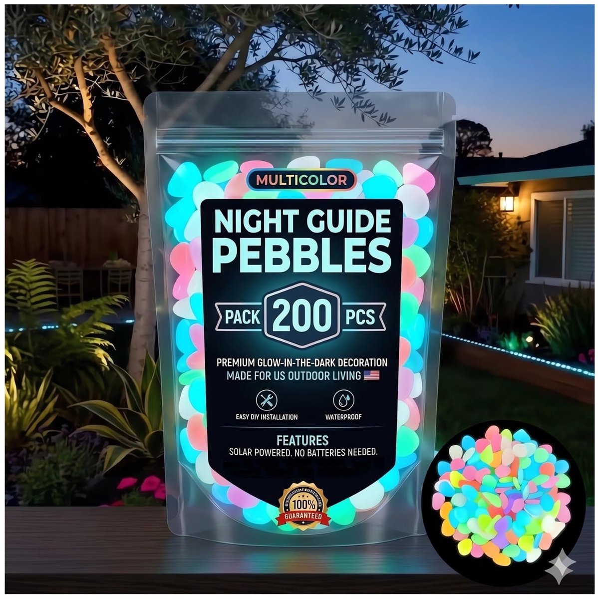 VONKELIOS®200 Stuks Gloeiende Kiezels in het Donker - Meerkleurige Luminous Stenen voor Tuinpaden - Waterdichte Gloeiende Stenen voor Aquarium DIY Decoratie