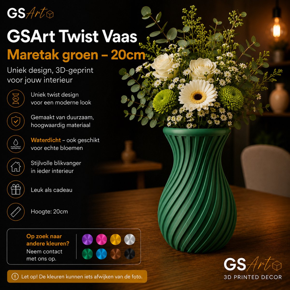 GSArt Twist Vaas 20 cm – Waterdichte 3D Geprinte Design Vaas - Maretak Groen