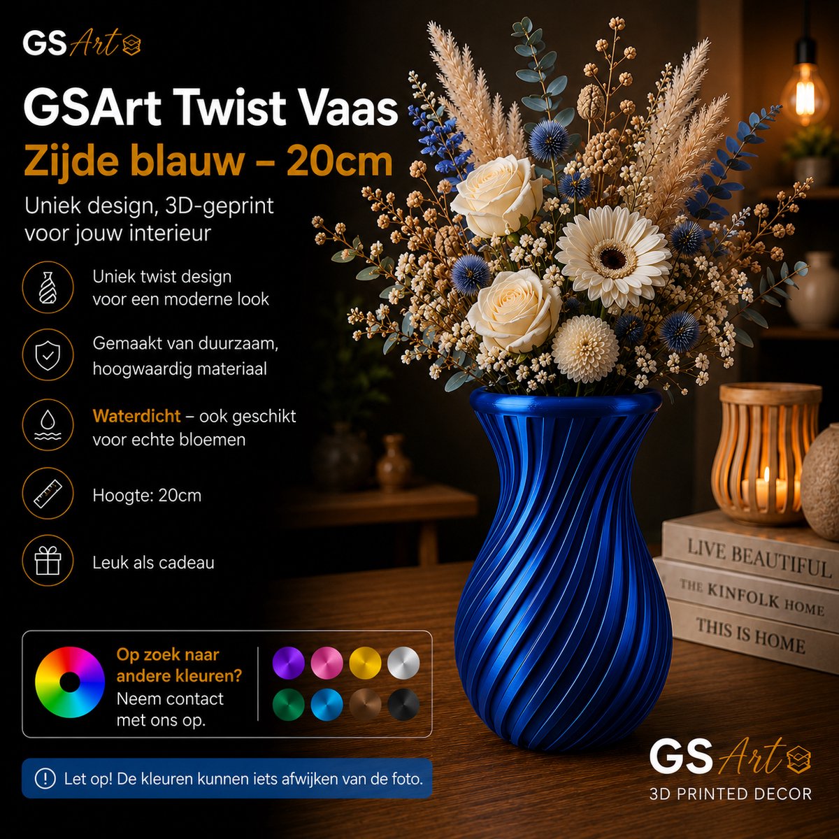 GSArt Twist Vaas 20 cm – Waterdichte 3D Geprinte Design Vaas - Zijde Blauw