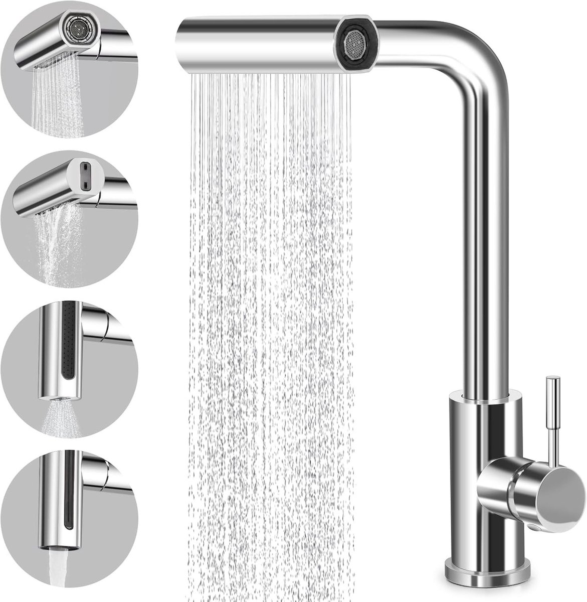 Uittrekbare Keukenkraan - Zilver - Uittrekbare Waterval met 360° Rotatie - Voor Keuken en Wasruimte