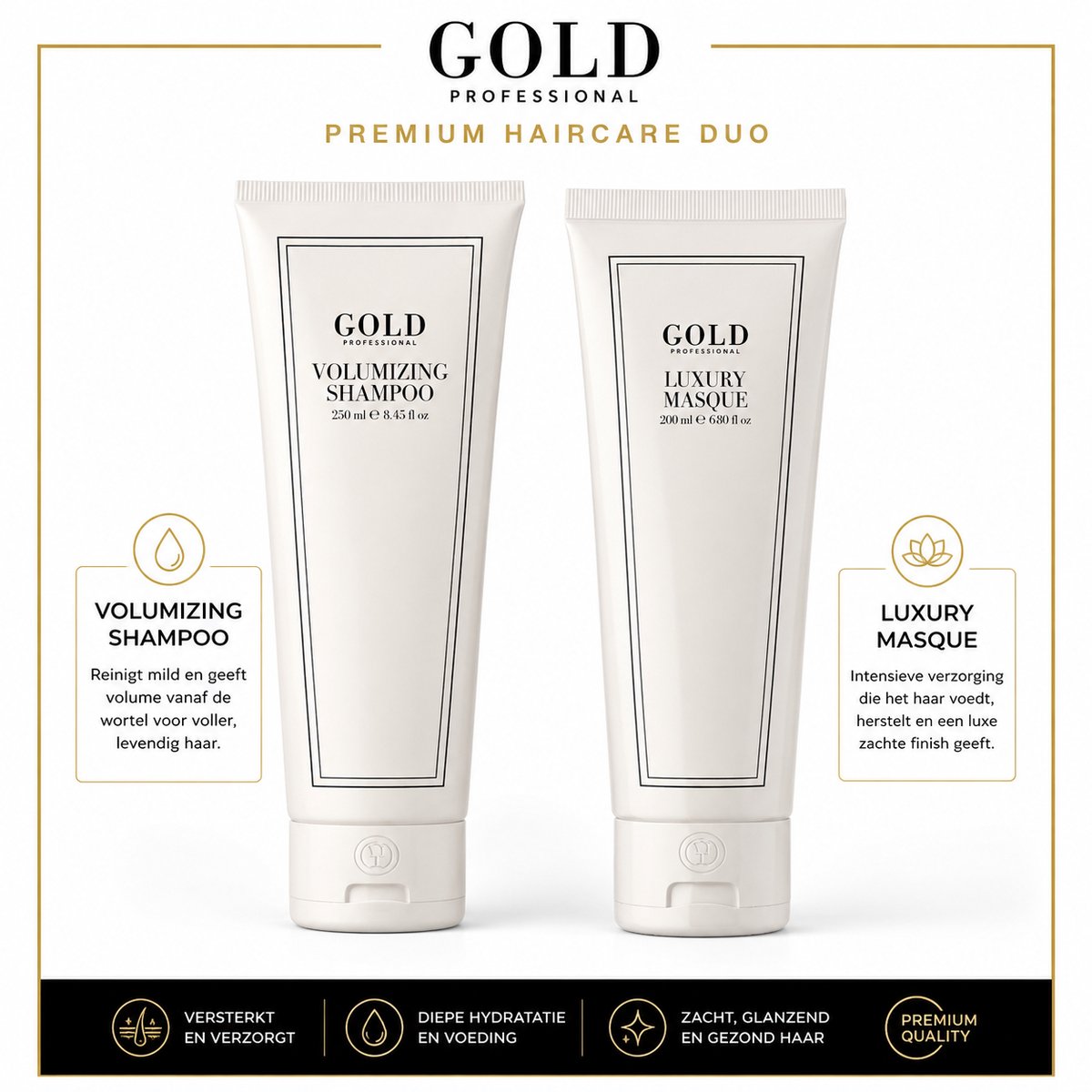 GOLD Professional Volumizing Shampoo 250 ml + Luxury Masque 200 ml – Volume, Hydratatie & Intensieve Haarverzorging