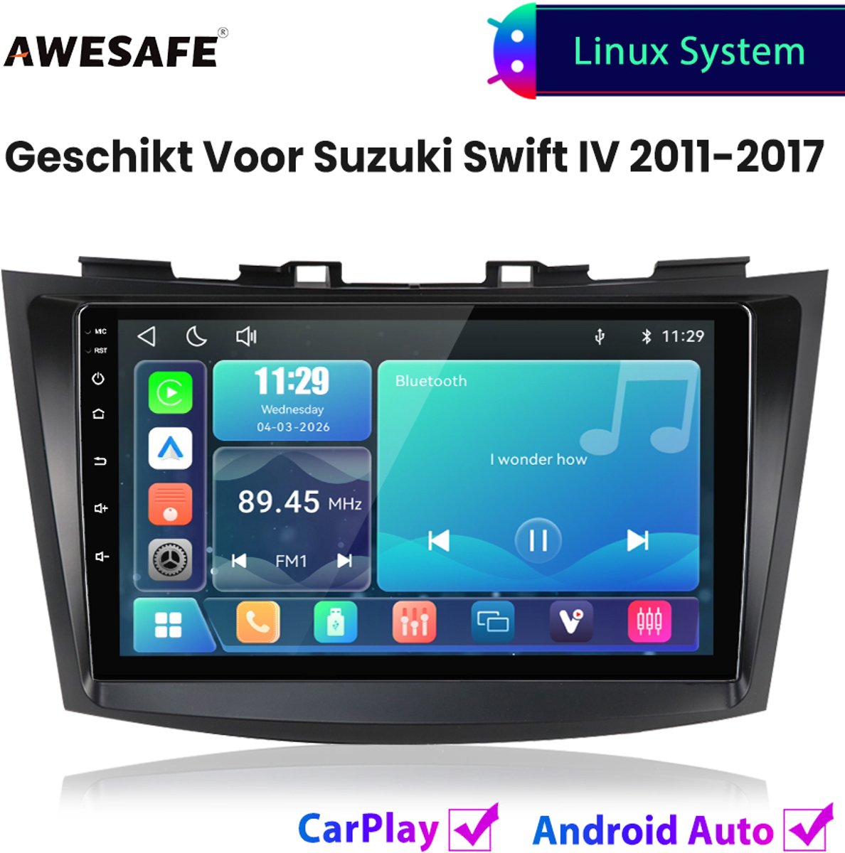 Awesafe Autoradio - Geschikt Voor Suzuki Swift IV 2011 t/m 2017 - Draadloos Carplay Android Auto - Linux systeem - Touchscreen - Bluetooth Wifi - 2011 2012 2013 2014 2015 2016 2017