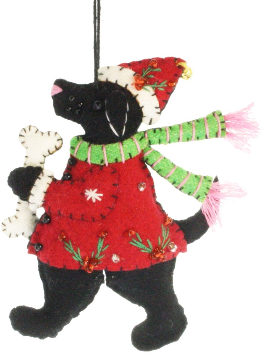 Hond met bot/ sjaal, vilt 8x2x10cm