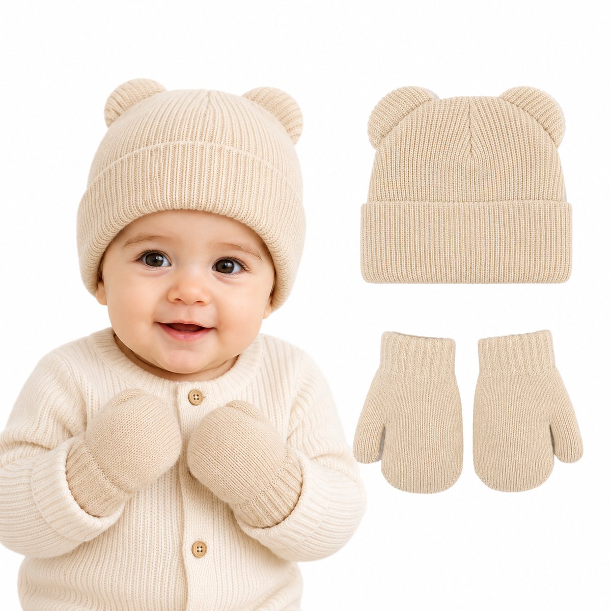 Namajunas Gebreide Berenoortjes Baby Muts en Wanten Set - Babymuts - Mutsje - Wantjes - Gebreide Baby Muts - Warme Baby Muts - Wintermuts - Beige