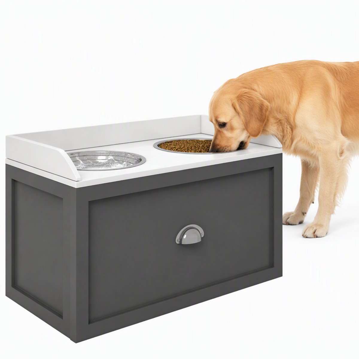 ECTEATOY® Voerbak Hond - Hondenvoerbak met Opberglade 21L - RVS Voerbakken - voor Grote Honden - Grijs - 60x30x36 cm