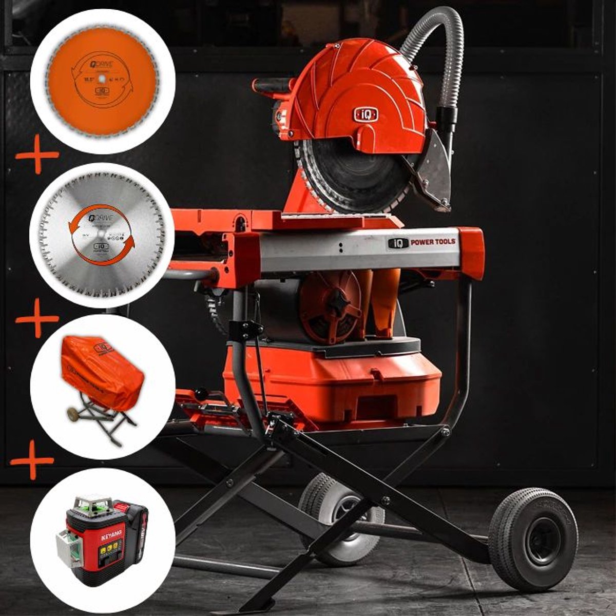 iQ Power Tools iQMS362i ACTIE Stofvrije Steenzaagmachine + 2x GRATIS Diamantzaagbladen 420mm + Beschermhoes + Accu Kruislijnlaser