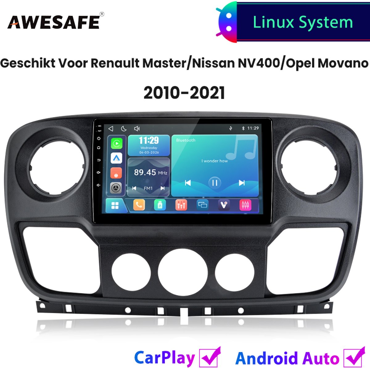 Awesafe Autoradio - Geschikt Voor Renault Master / Nissan NV400 / Opel Movano 2010 t/m 2021 - Draadloos Carplay Android Auto - Linux systeem - 10 Inch Touchscreen - Bluetooth Wifi - 2010 2011 2012 2013 2014 2015 2016 2017 2018 2019 2020 2021