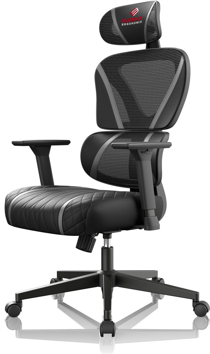 LAPAMAX Game- of racestoel - comfortabele gamingstoel voor bureau en pc - een dubbele rugleuning met lendenondersteuning - verstelbare hoofdsteun en 3D-armleuningen - rugleuning met drie standen en 135 graden kantelbereik - grijs of rood - grijs
