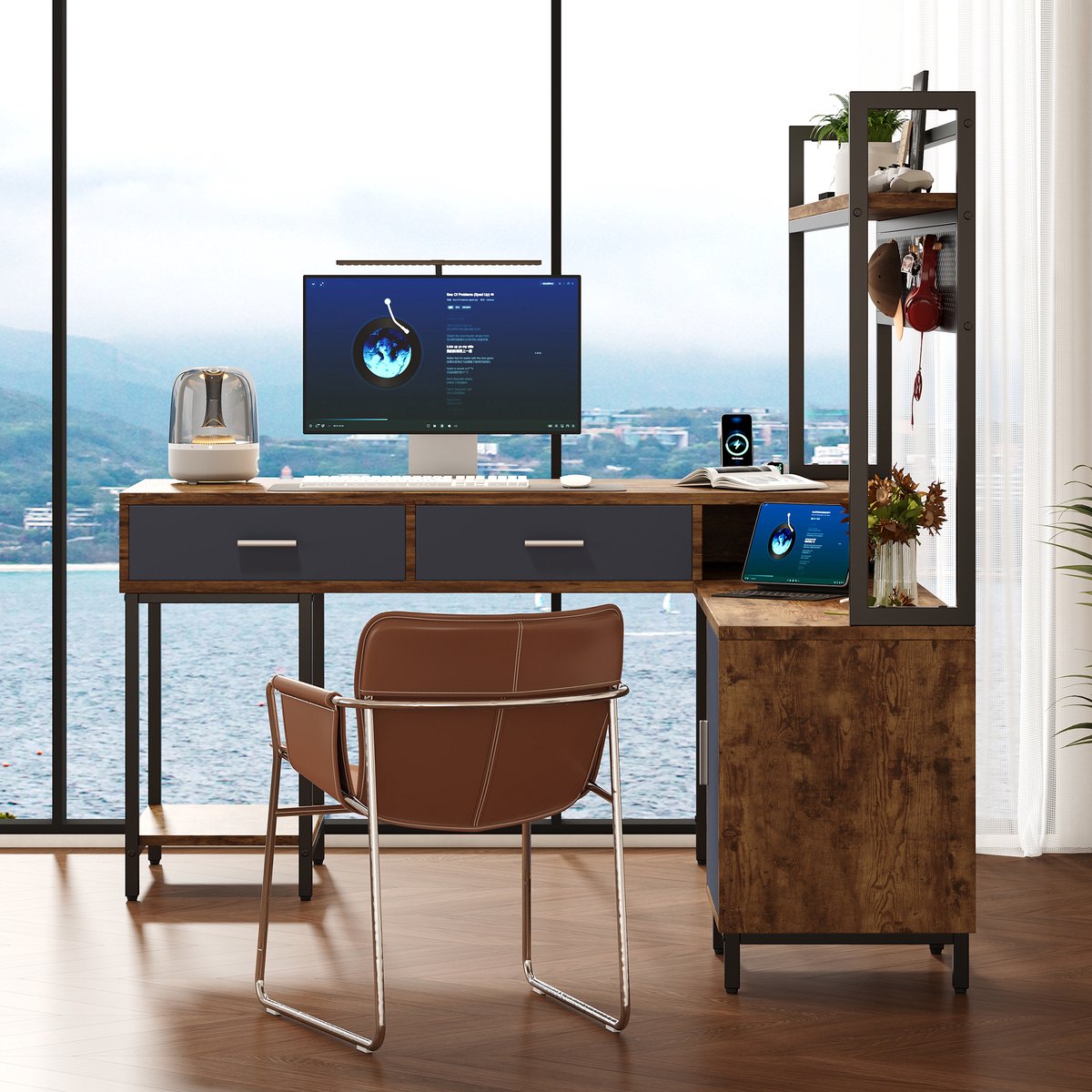 VVBV Bureau 140x140x135 cm - L-Vorm, Industrieel, Metalen Rasterwand, Opbergruimte - Zwart/Naturel, Staal/Metaal