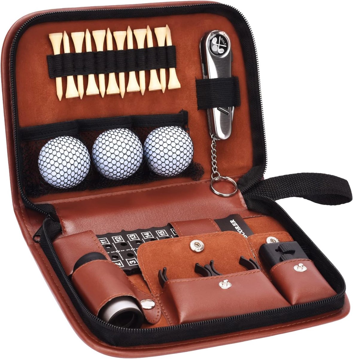 Golfcadeaus voor mannen en vrouwen, golfaccessoireset met luxe koffer, golfballen, afstandsmeter, tees, borstel, multifunctioneel divotmes, scorebord, golfbalklem