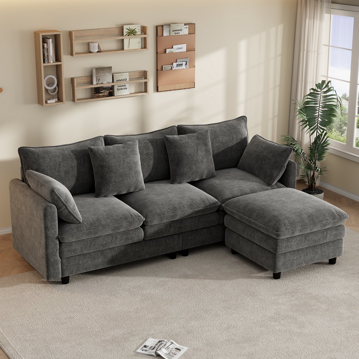 VVBV Hoekbank 212x150x90 cm - Chaise Longue, 3-Zits, Belastbaar tot 120 kg - Grijs, Chenille