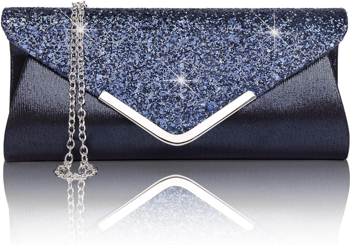 Avondtassen voor dames, glinsterende glitter avondtas, modieuze portemonnee, elegante bruidstas met ketting schouderriem voor bruiloft, feest of gala, Donkerblauw