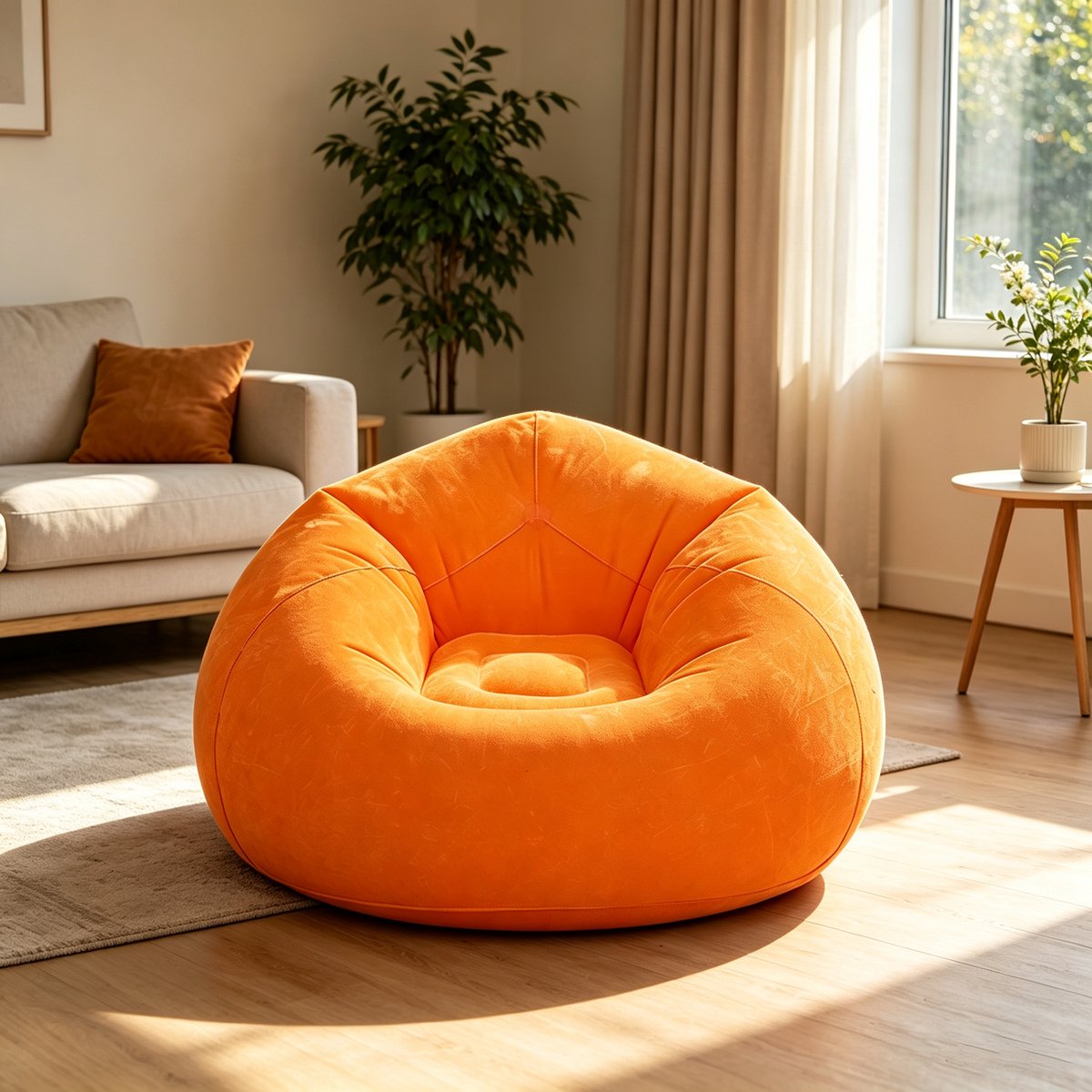 Opblaasbare fluwelen bank 100×100×50 cm oranje Draagbare opvouwbare campingstoel opblaasbare bank geschikt voor buiten en gezellige filmavonden met het gezin