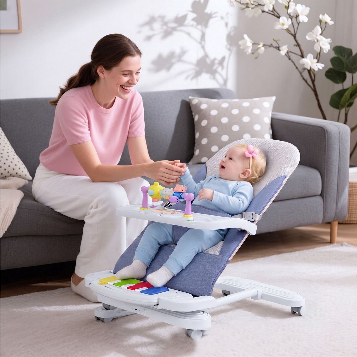 Baby schommelstoel-Comfortabele babyzitje-3 standen-Speelboog-Pianofunctie-Afneembaar dienblad-Zandblauw thumbnail 5