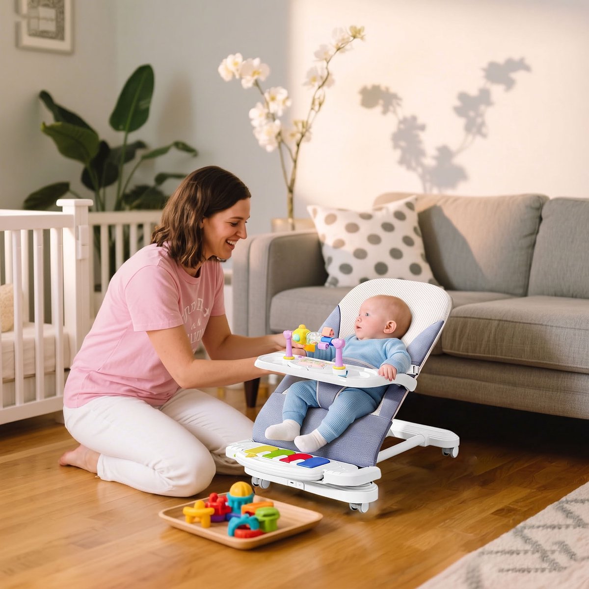 Baby schommelstoel-Comfortabele babyzitje-3 standen-Speelboog-Pianofunctie-Afneembaar dienblad-Zandblauw thumbnail 6