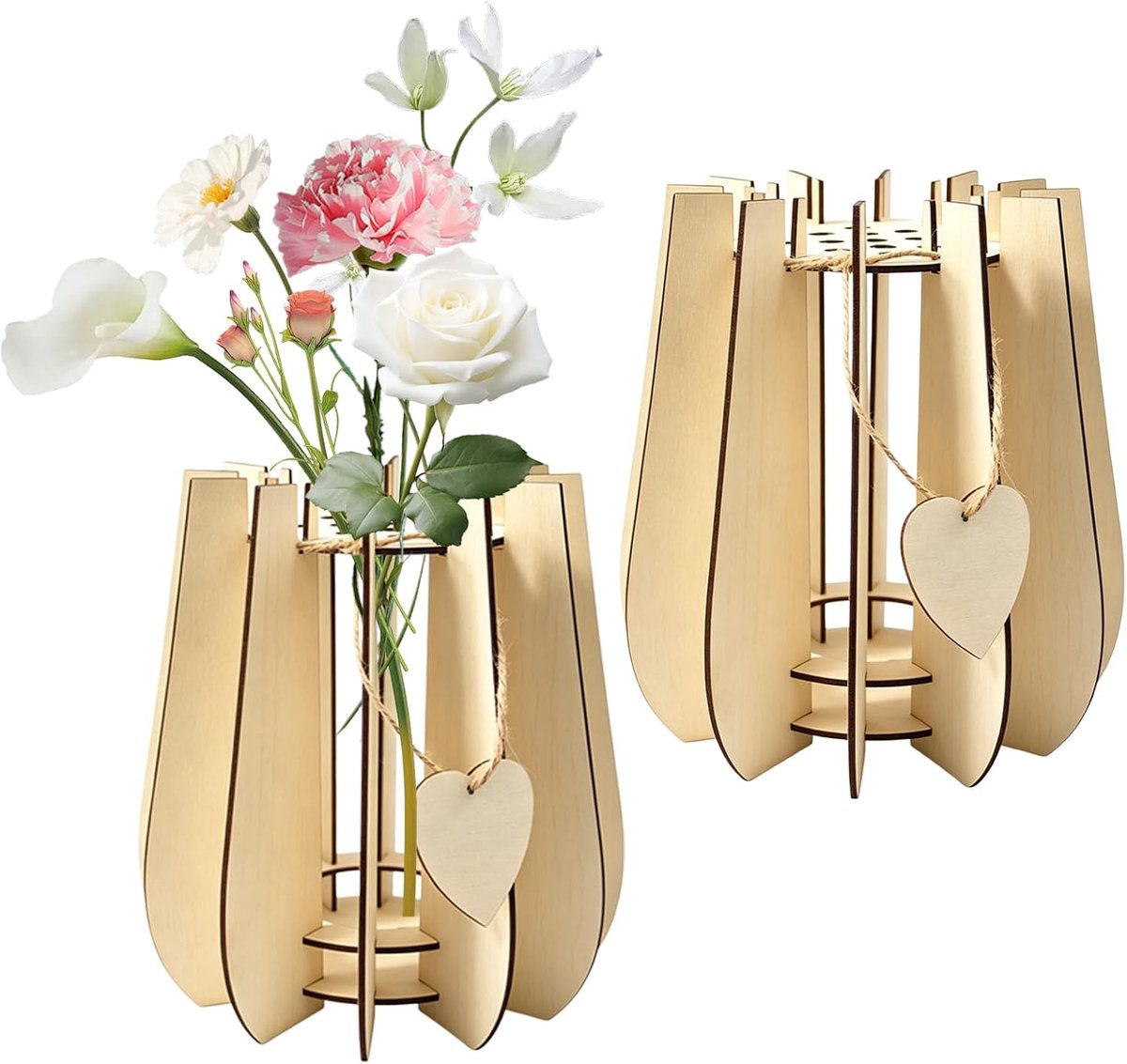 JOSTIVE 2 stuks houten vazen met bloemengaten en antislip basis van natuurlijk hout - bloemenvaas voor verse rozen - tulpen - gedroogde bloemen en wilde bloemen - decoratief voor woonkamer en slaapkamer houtkleuren