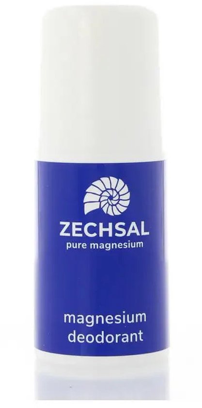 Zechsal Magnesium deodorant Pure magnesium. Witte dop, blauw etiket met merklogo, 'ZECHSAL pure magnesium magnesium deodorant'.