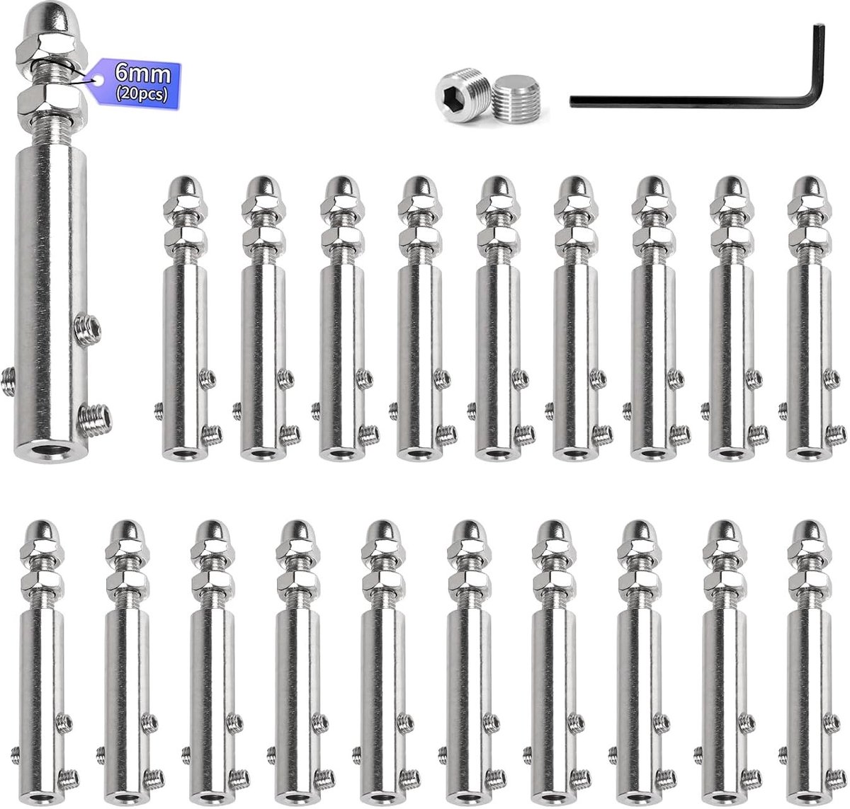 Set van 20 Kabelspanners en Draadclips van RVS, 6 mm, Inclusief Inbussleutel voor Bevestigen van Kabels en Spanningen