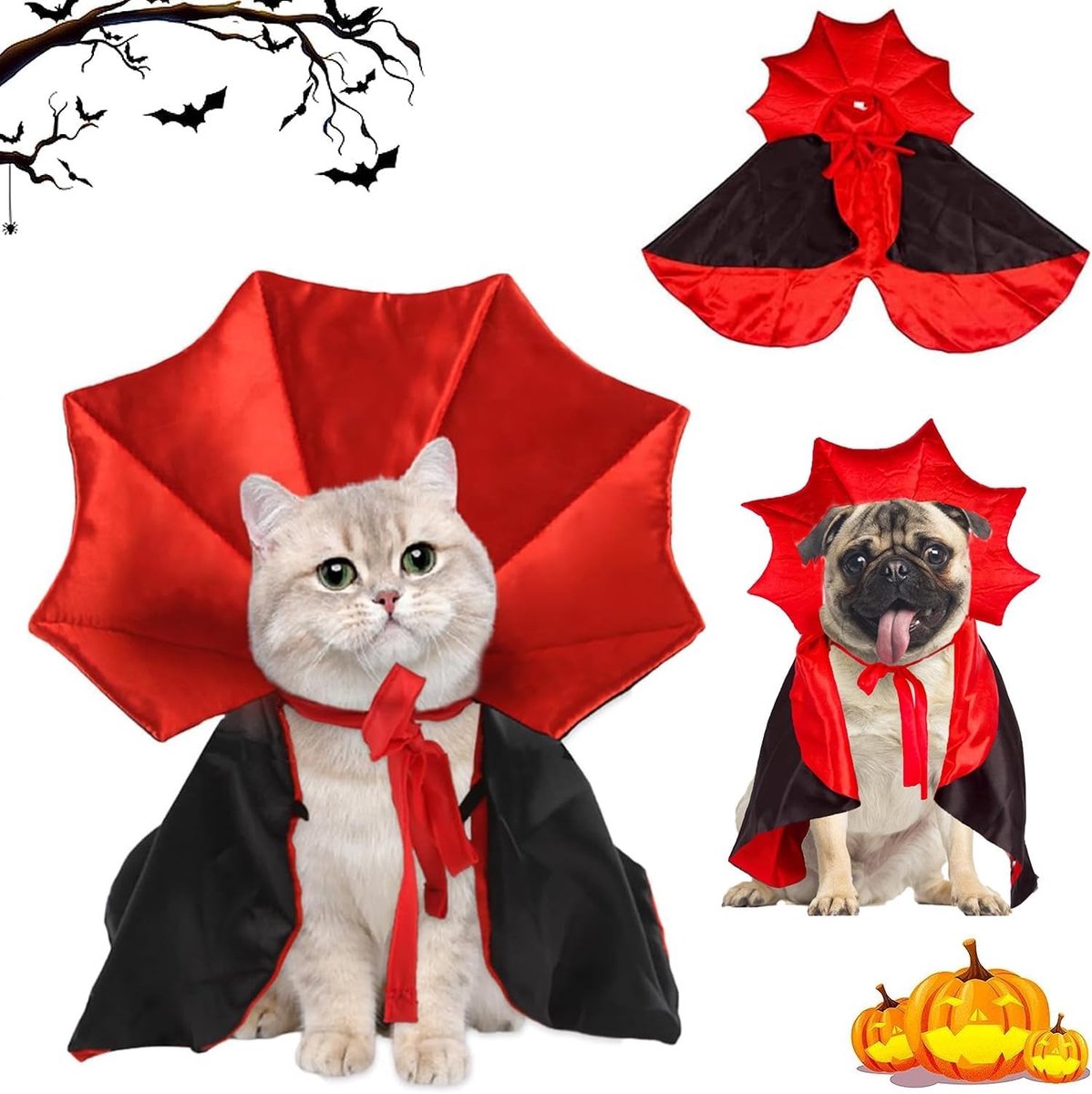 Vampiercape voor Honden en Katten met Meloen Vleermuisvleugels - Halloween Kostuum voor Huisdieren, Geschikt voor Kleine Honden en Katten, Bloedige Zombie Look