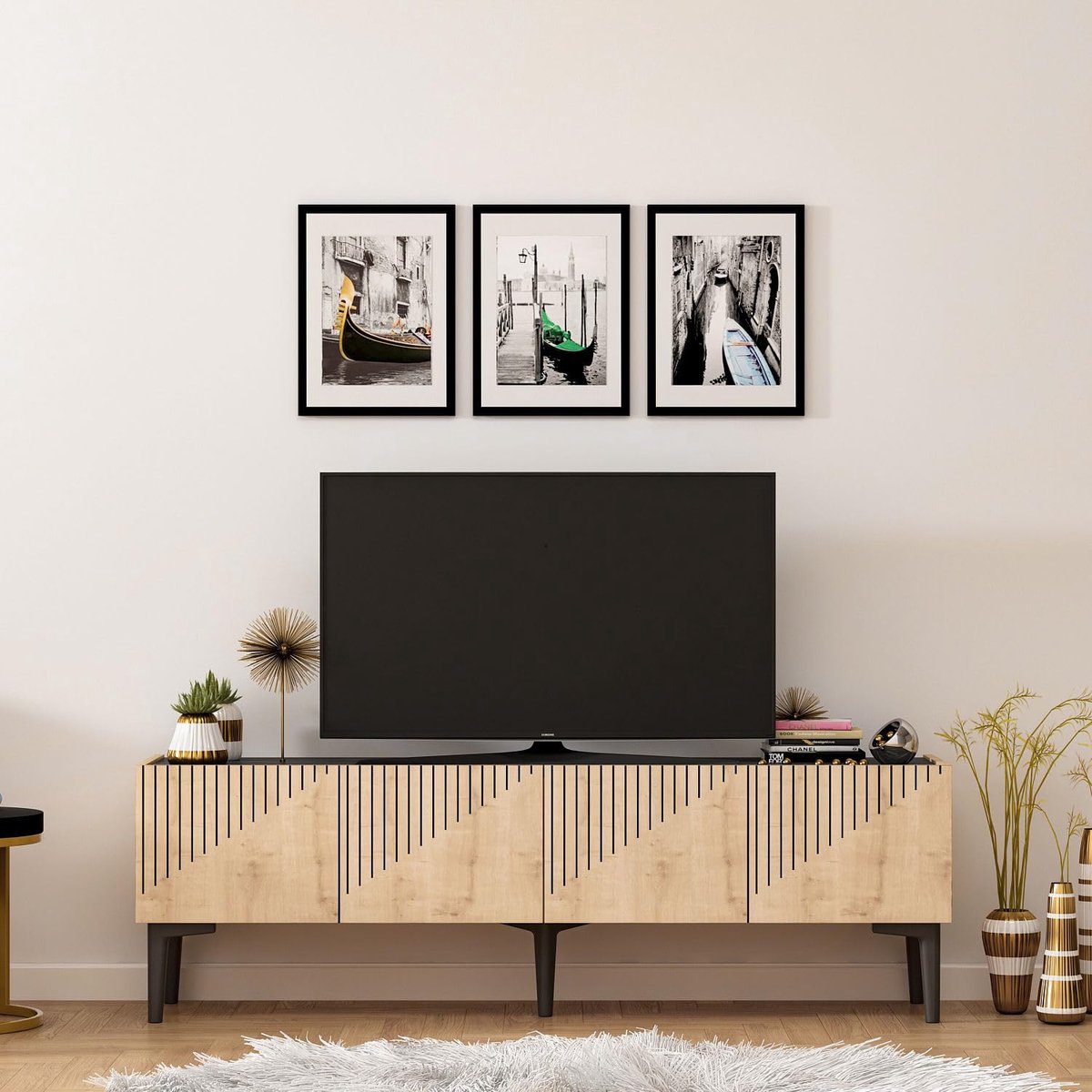 Tv-standaard 154 x 45 x 37 cm - saffier eiken en zwart marmer - stijlvolle opslag - modern design - ShopVlot