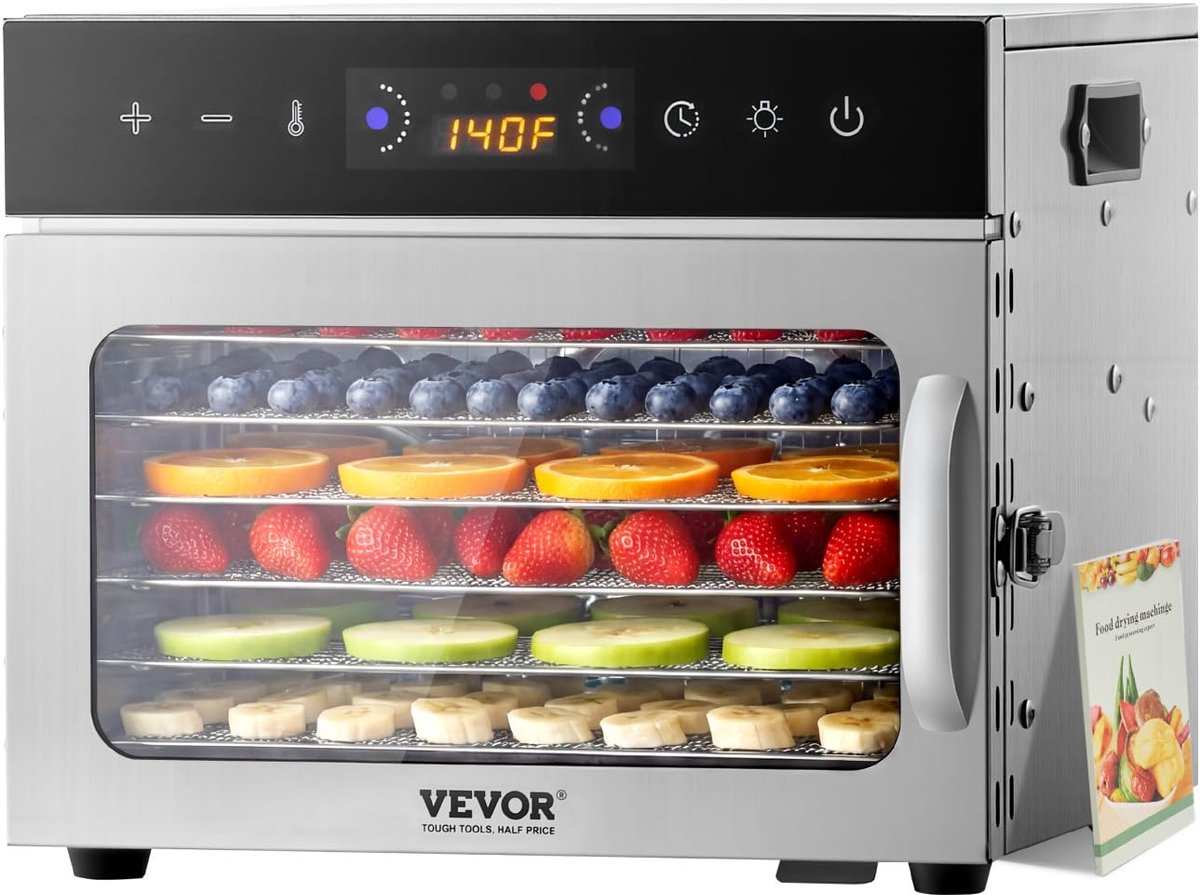 VEVOR Droogmachine voor levensmiddelen, 6 schalen van roestvrij staal, elektrische droger voor levensmiddelen met 400 - ShopVlot