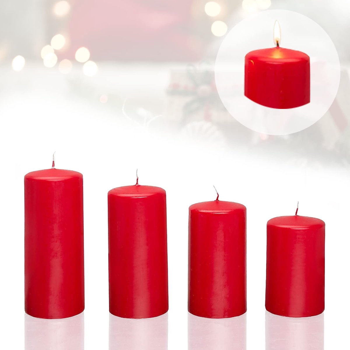 Famanu Set van 4 rode stompkaarsen, variërend van 7,5 cm tot 12 cm, kerstkaarsen voor adventskrans en kerstdecoratie, sfeervolle kaarsen voor de feestdagen Zwart