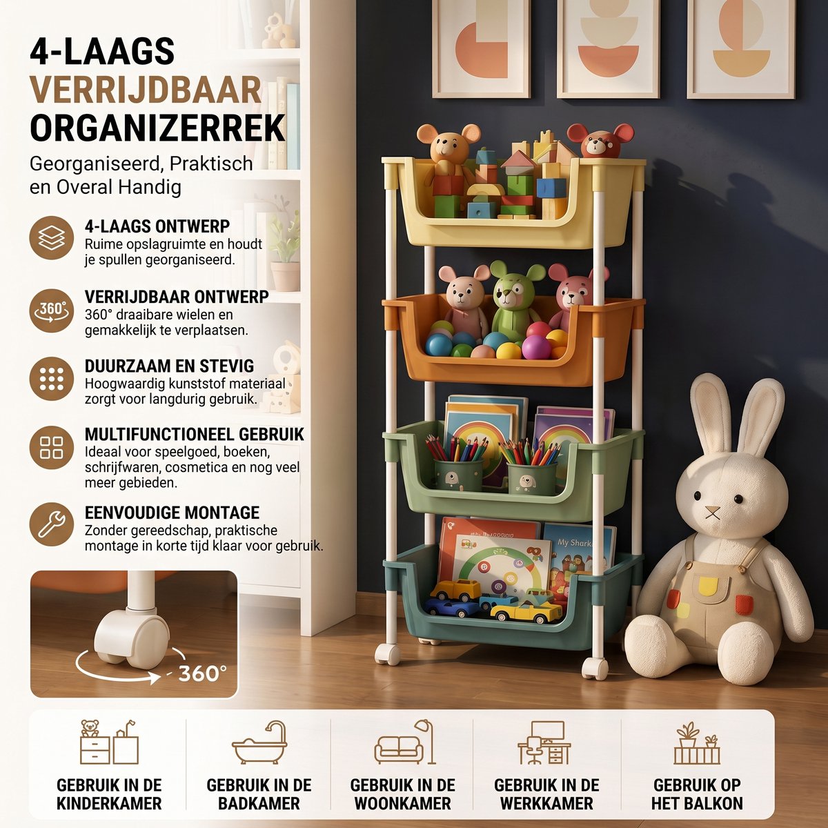 INDECOR 4 Laags Speelgoed Opberger met Wielen – Kinder Opbergkast & Organizer – Kunststof Opbergrek – 360° Verrijdbaar – Kinderkamer, Badkamer & Keuken – Pastel