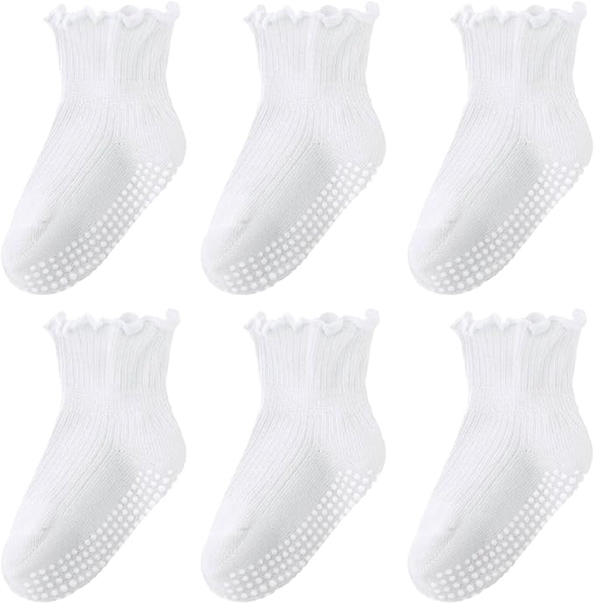 Kindersokken - Babysokken - Vloersokken - Antislip - Ademend - Kanten rand - Unisex - Pak van 6 - Geschikt voor baby's van 0-1 jaar - Wit