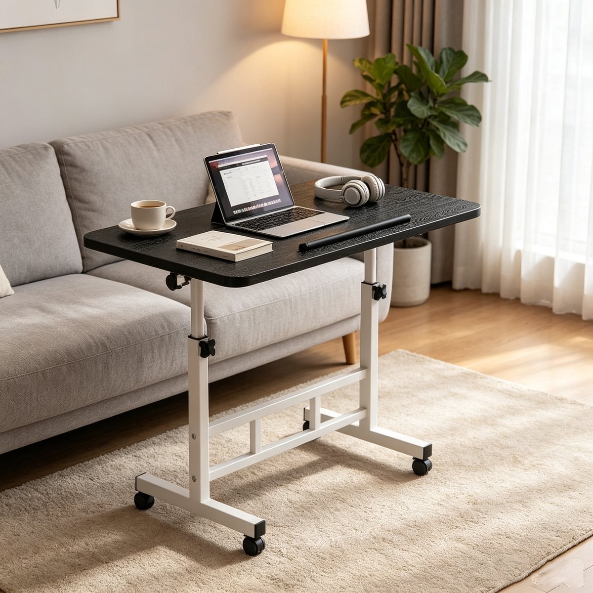 In hoogte verstelbaar mobiel bureau draagbaar laptopbureau compact staand bureau op wielen geschikt voor thuiswerkplek (60*40*65-87 cm zwart walnoot)