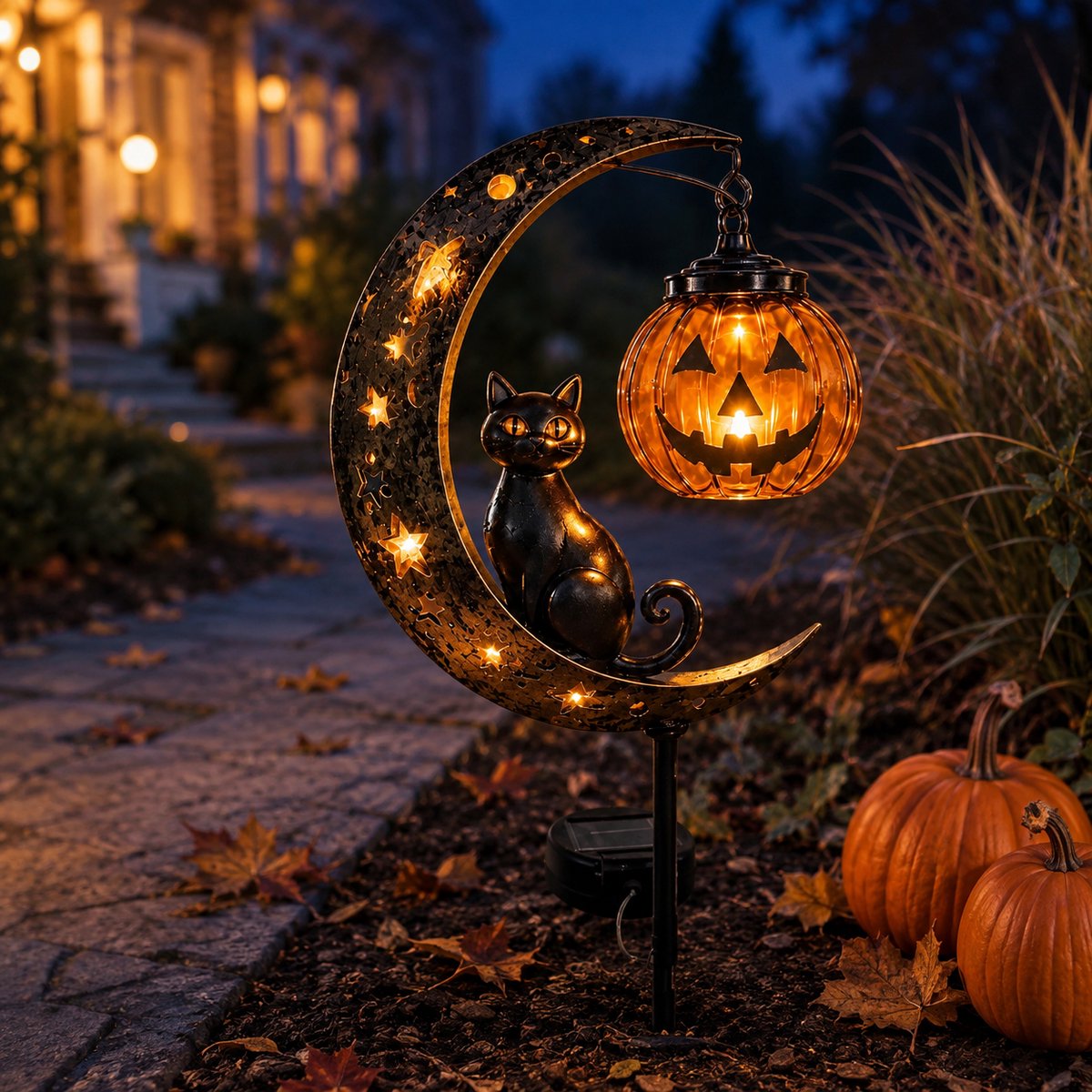 Namajunas Solar Halloween Zwarte Kat & Pompoen Maan Tuinpadverlichting - Waterdichte Buitenverlichting - voor Terras, Tuin, Gazon, Pad - 1 Stuk