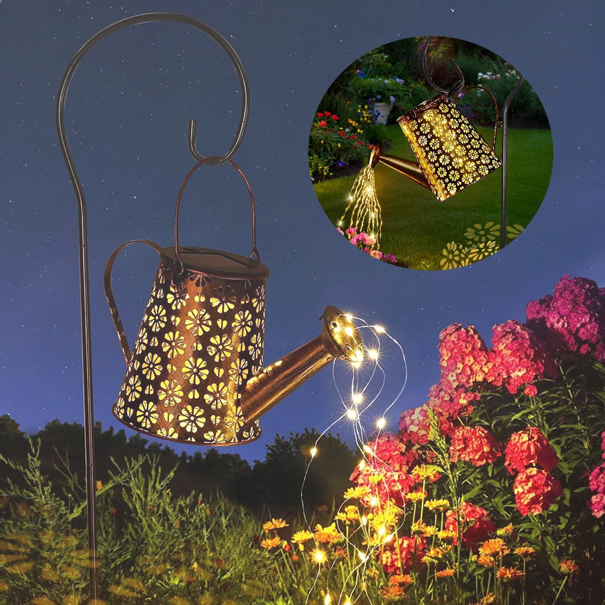 Solar Gieterlampen, Tuingieterverlichting, Metalen Retrolamp, Tuinornamenten, Hangende Watervallamp.