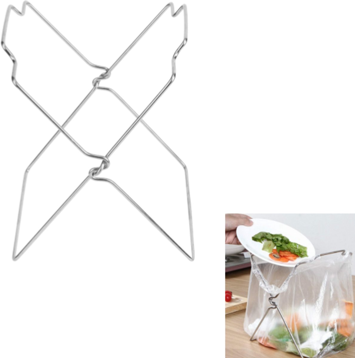 Vuilniszakhouder - Roestvrij staal - Opvouwbaar - Duurzaam - Multifunctioneel - Geschikt voor keukengerei - Afmetingen: 17*27 cm - Zilver