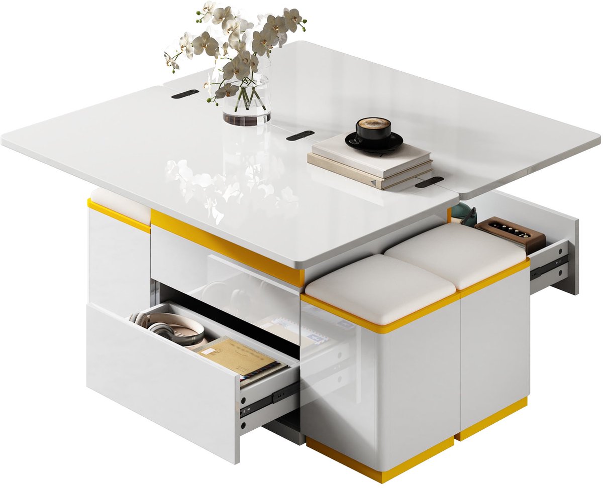 Merax Multifunctionele Witte Salontafel met 4 Krukken – Uitklapbaar en In Hoogte Verstelbaar – Met Opbergruimte – 100 x 50 x 43 cm