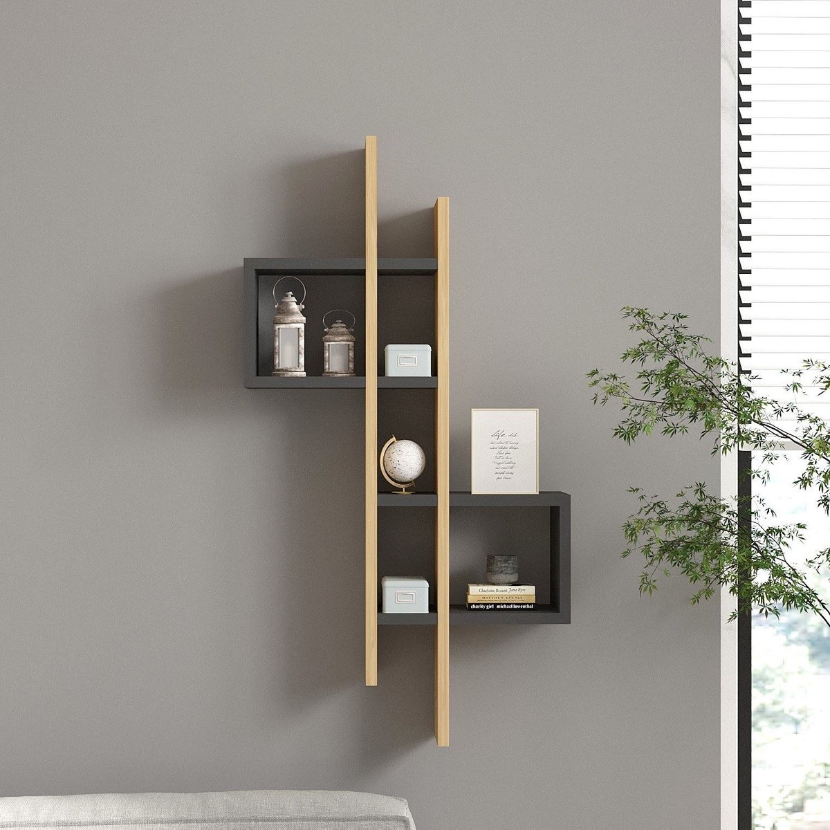 Skye Decor , Wandplank, Emse - Sapphire Oak, Anthracite, Gemelamineerde spaanplaat, Saffier eiken & Antraciet, 53,8 x 19,6 x 108 cm