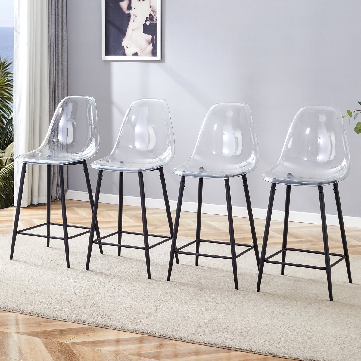 OKWISH Barkruk Set van 4 - Transparante Kunststof Zitting met Metalen Onderstel - Met Rugleuning en Voetsteun - Voor Keuken, Bar en Eetkamer - Zwart