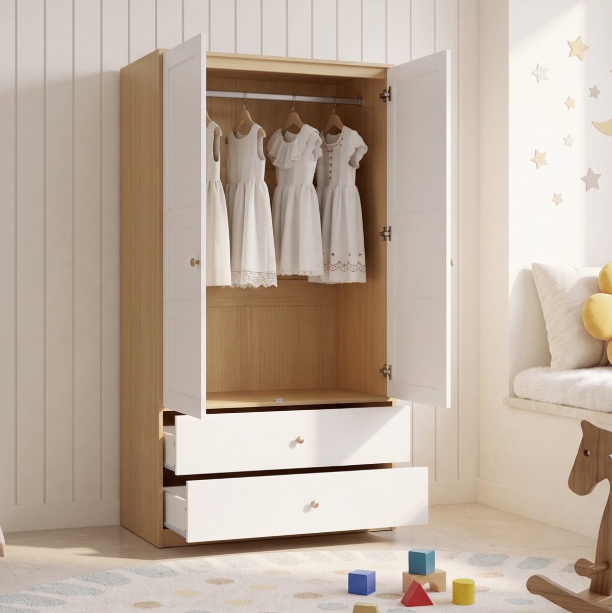 FloraGrace Kledingkast - 2-Deurs Met 2 Laden En Kledingstang - Voor Slaapkamer En Werkkamer - Houtlook En Wit - 100x48x180 Cm Naturel + Wit