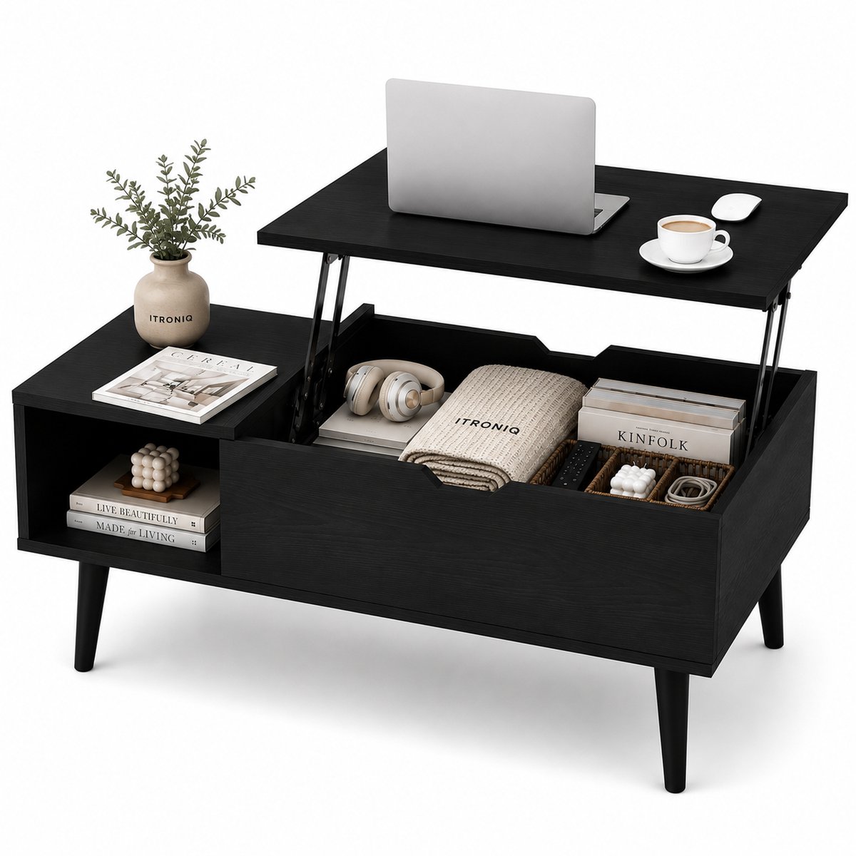 ITRONIQ Salontafel Zwart Met Opbergruimte en Lift Top - Multifunctionele Salontafel 99x50 CM - Coffee Table Modern Design