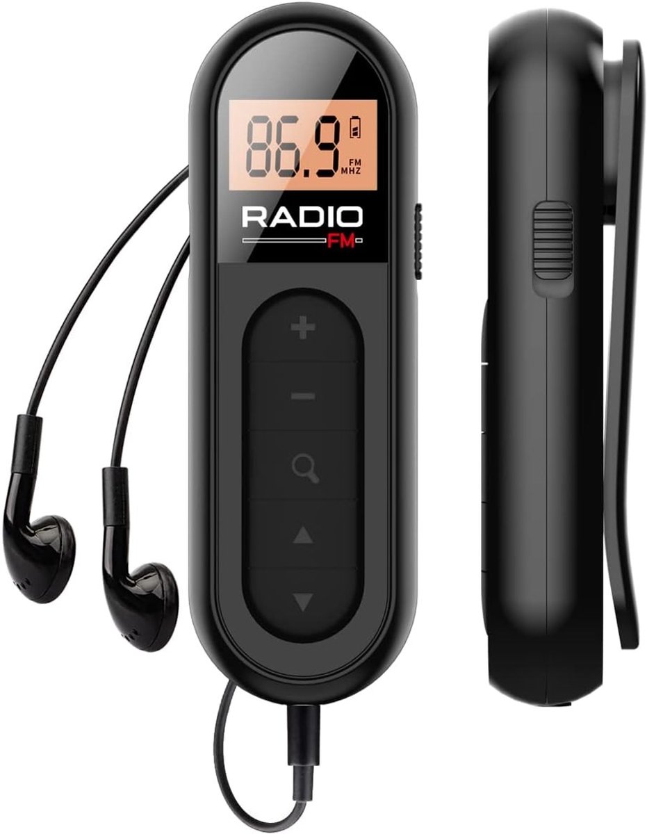 Draagbare FM-Radio - Zwart - 8,51 x 2,79 x 1,91 cm - Opladenbare Transistorradio met Riemclip - Voor Sport en Wandelen