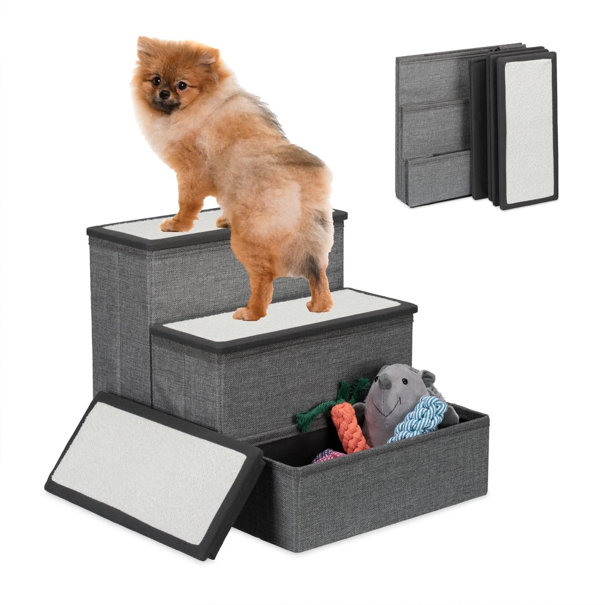 Famanu – Honden- en katten trap met 3 treden, opvouwbaar, met opbergruimte, HxBxD: ca. 39 x 40 x 49 cm, grijs-wit