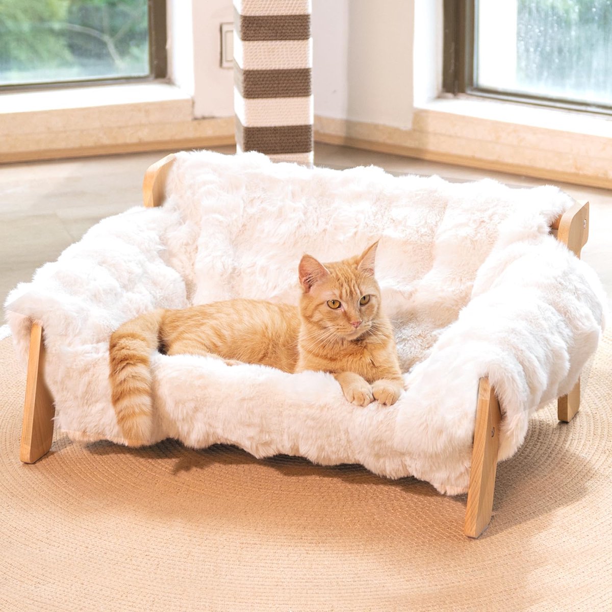Famanu – Kattenbed van robuust beukenhout, kattenmand met dik canvas, 70 x 47 x 30 cm, voor woonkamer en ramen