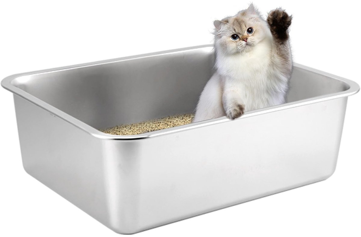 Famanu – Kattenbak van roestvrij staal, geurabsorberend en gemakkelijk schoon te maken, geschikt voor katten en konijnen, afmetingen 49,5 x 34,5 x 15 cm