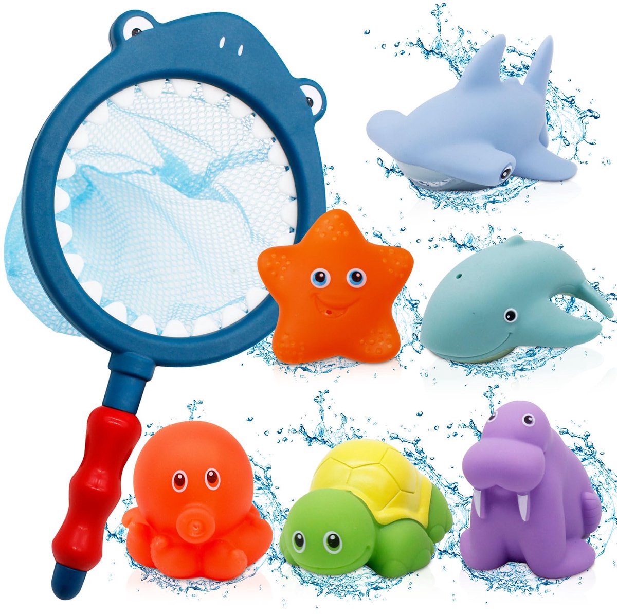 casalora - Badspeelgoed - Badspeelgoed baby - Waterspeelgoed - Waterspeelgoed baby - Badspeeltjes baby - Educatief speelgoed - Verandert van kleur in warm water en badspuiter - 7 Stuks - visspel met schepnetje