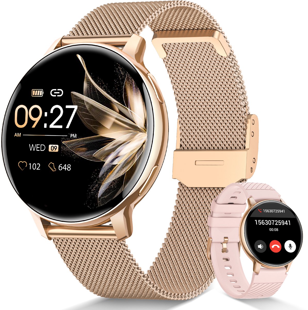 FOSMET AMOLED Smartwatch Dames 2026 - Horloge Dames - Zinklegering Behuizing en 2x Siliconen & RVS Bandje - Fitnesstracker Horloge met Belfunctie - Hartslagmeter, SpO2, Bloeddruk & Slaapmonitor - Cyclus Tracking - Geschikt voor Android & iOS - Goud