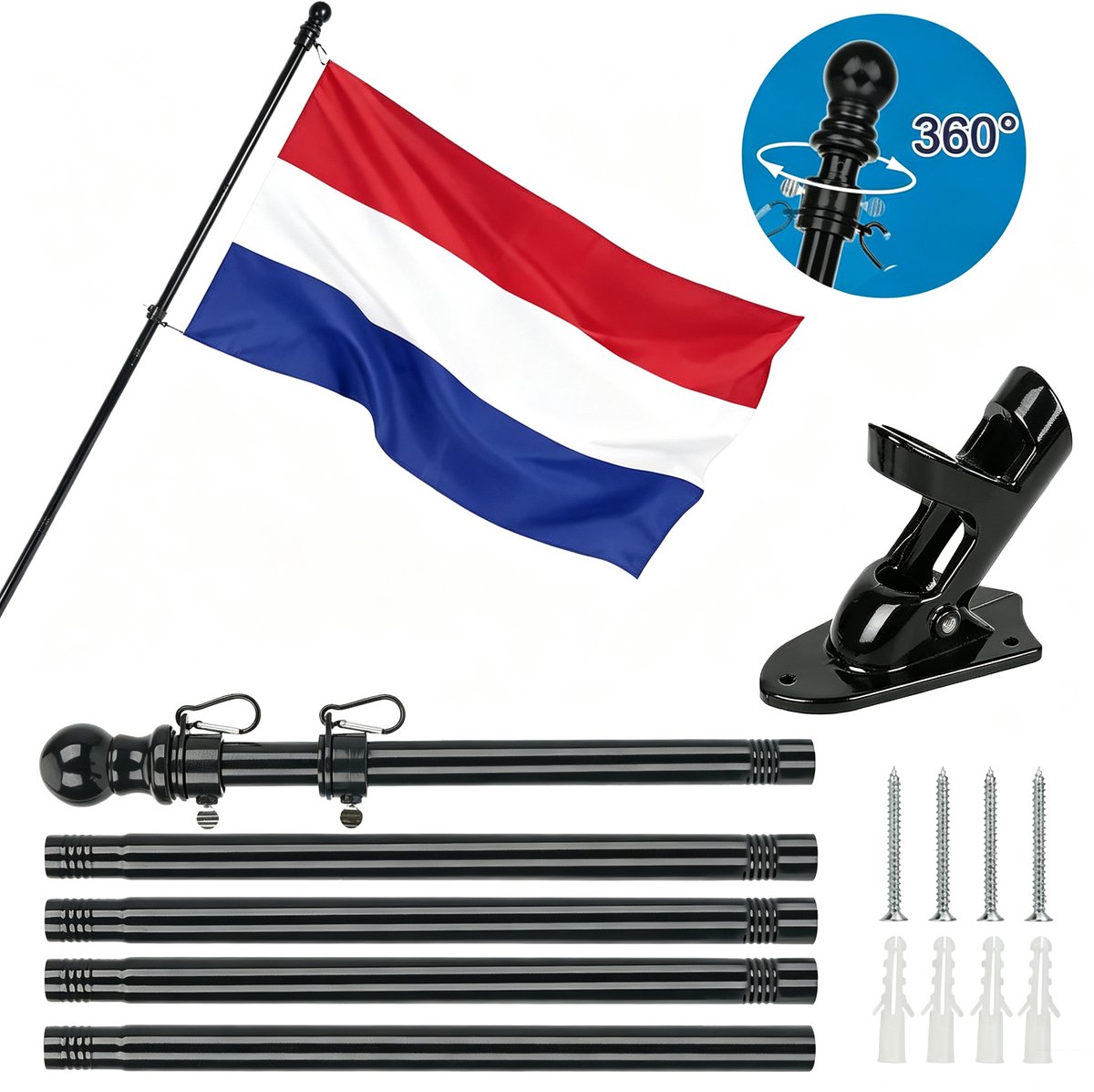 Vlaggenmastset - 6ft Vlaggenmastset Voor Wandmontage - Zwarte Vlaggenmastset Van Roestvrij Staal - Inclusief Montagebeugel