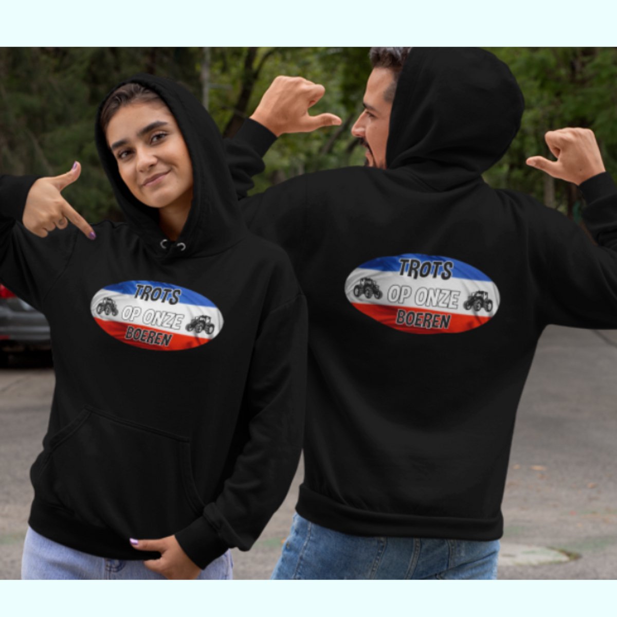 Hoodie uniseks zwart Trost op onze boeren-maat XL- voorkant bedrukt-demonstratie boeren- trots op de boeren.