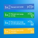 Vier gekleurde secties met tekst en iconen: 5x tonijn, 5x tonijn en kip, 5x tonijn en sint-jakobsschelp, 5x tonijn en kaas.